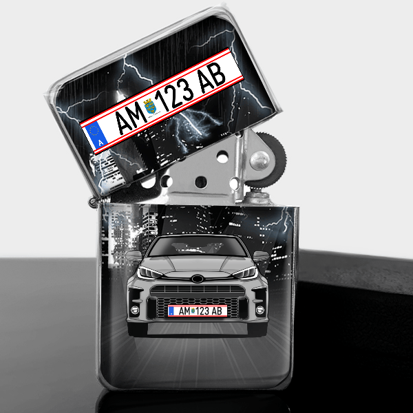 GR Yaris Benzin Feuerzeug personalisiert mit Auto u. Kennzeichen!
