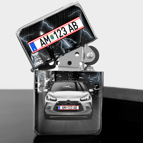 DS3 Benzin Feuerzeug personalisiert mit Auto u. Kennzeichen!