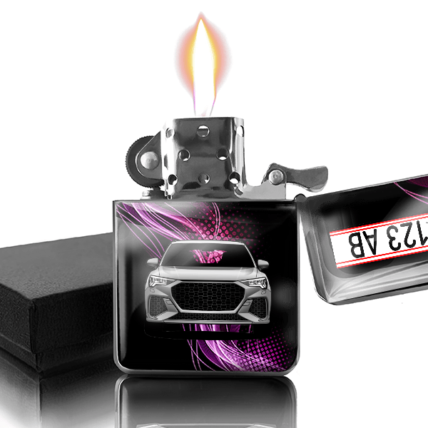RS Q3 Benzin Feuerzeug personalisiert mit Auto u. Kennzeichen!