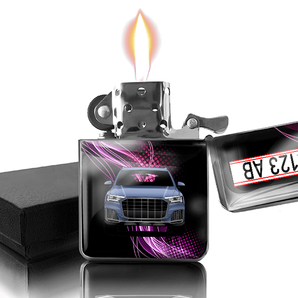SQ7 Benzin Feuerzeug personalisiert mit Auto u. Kennzeichen!