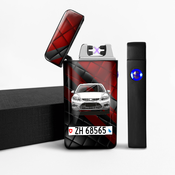 Focus Turnier Lichtbogen Feuerzeug personalisiert mit Auto u. Kennzeichen!