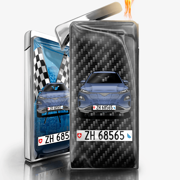 Kona Elektro Feuerzeug Gas personalisiert mit Auto u. Kennzeichen!