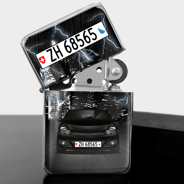 Astra Benzin Feuerzeug personalisiert mit Auto u. Kennzeichen!