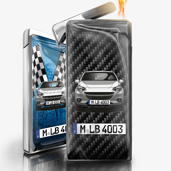 Corsa Feuerzeug Gas personalisiert mit Auto u. Kennzeichen!