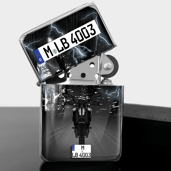 790 Duke Benzin Feuerzeug personalisiert mit Motorrad u. Kennzeichen!