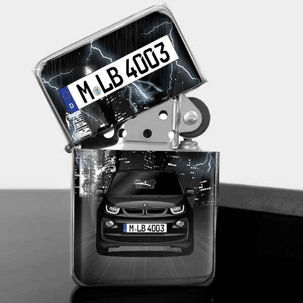 i3 Benzin Feuerzeug personalisiert mit Auto u. Kennzeichen!