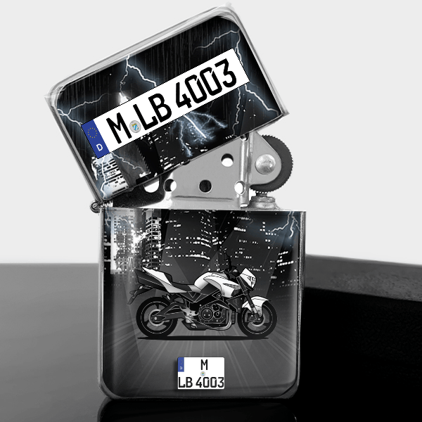 B-King Benzin Feuerzeug personalisiert mit Motorrad u. Kennzeichen!