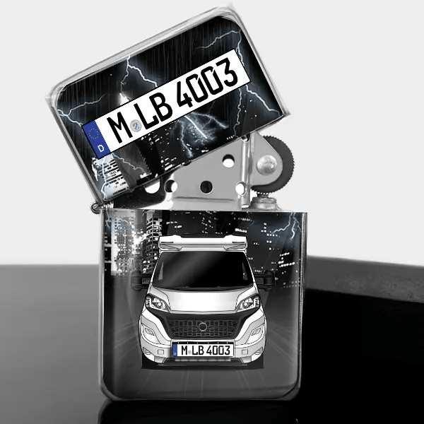 Sky TI 650 MEG Platinum Selection Benzin Feuerzeug personalisiert mit Wohnwagen u. Kennzeichen!