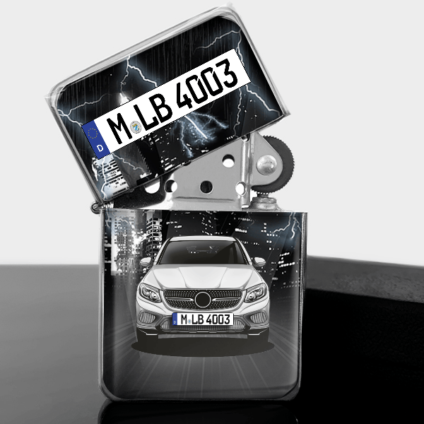 GLC Benzin Feuerzeug personalisiert mit Auto u. Kennzeichen!