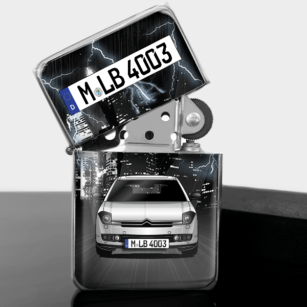 C6 Benzin Feuerzeug personalisiert mit Auto u. Kennzeichen!
