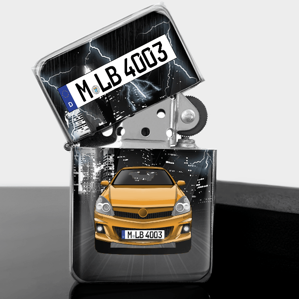Astra OPC Benzin Feuerzeug personalisiert mit Auto u. Kennzeichen!