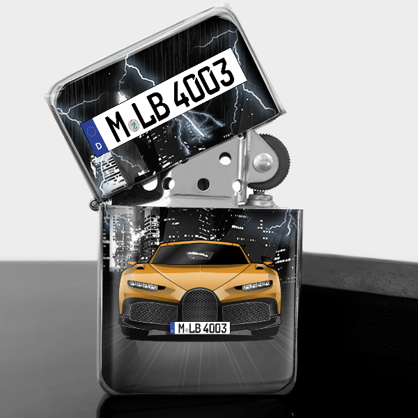 Chiron Pur Sport Benzin Feuerzeug personalisiert mit Auto u. Kennzeichen!