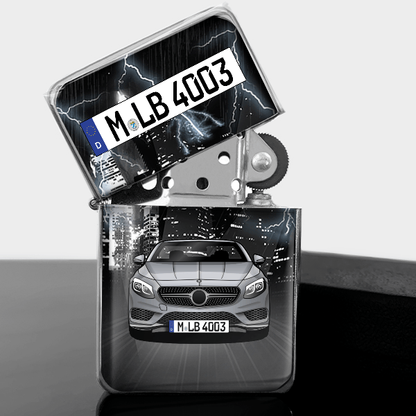 S-Klasse Cabriolet Benzin Feuerzeug personalisiert mit Auto u. Kennzeichen!