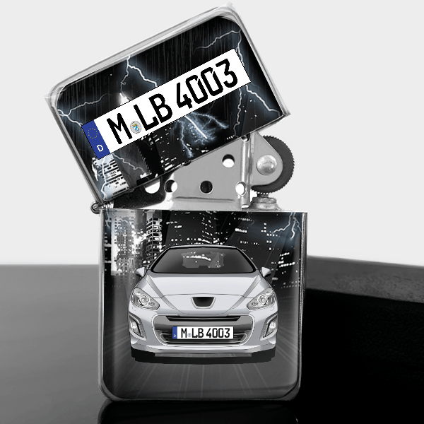 308 CC Benzin Feuerzeug personalisiert mit Auto u. Kennzeichen!