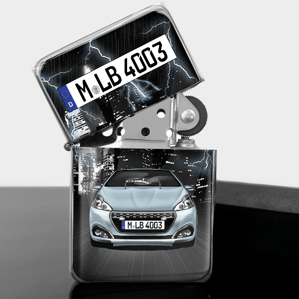 208 GTI Benzin Feuerzeug personalisiert mit Auto u. Kennzeichen!