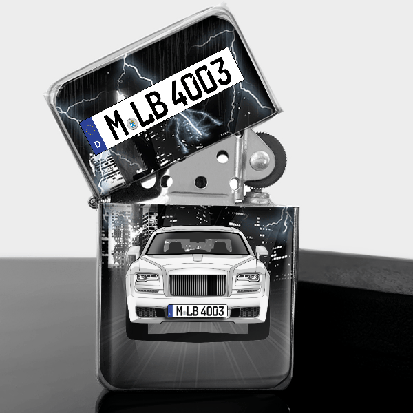 Ghost Benzin Feuerzeug personalisiert mit Auto u. Kennzeichen!
