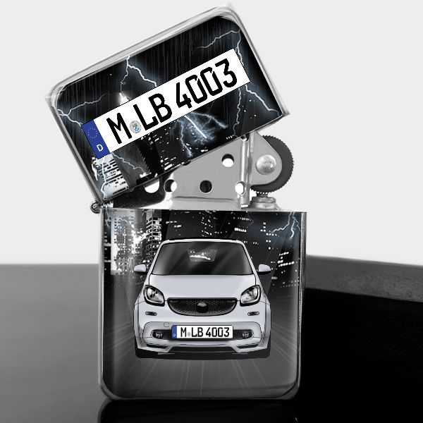ForTwo Brabus Benzin Feuerzeug personalisiert mit Auto u. Kennzeichen!