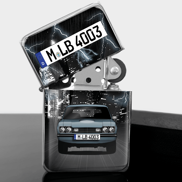 Capri Benzin Feuerzeug personalisiert mit Auto u. Kennzeichen!