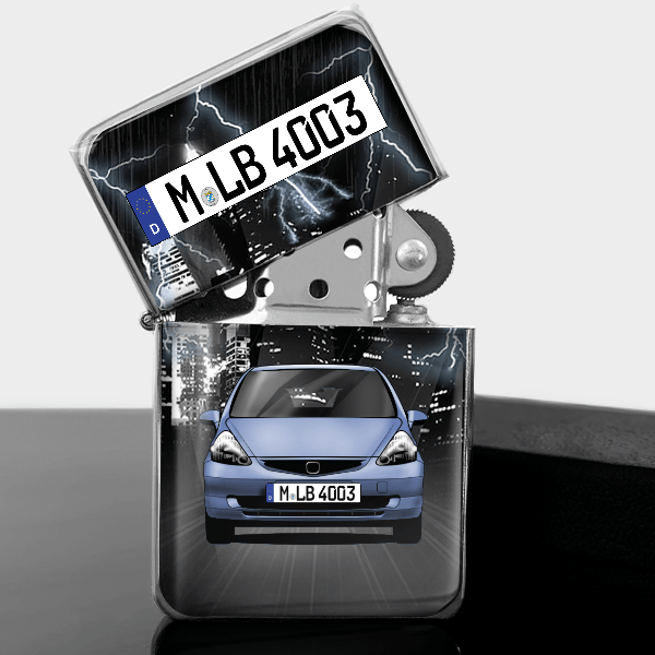 Jazz Benzin Feuerzeug personalisiert mit Auto u. Kennzeichen!