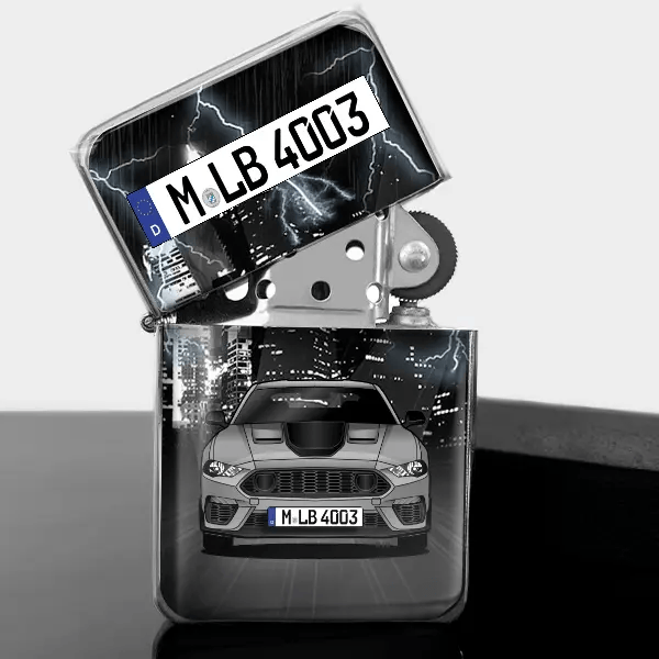 Mustang Mach 1 Benzin Feuerzeug personalisiert mit Auto u. Kennzeichen!