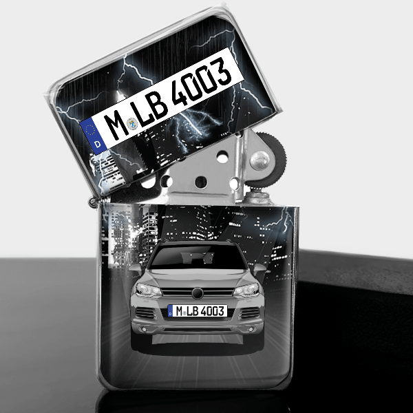 Touareg Benzin Feuerzeug personalisiert mit Auto u. Kennzeichen!
