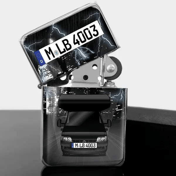 Roller Team Benzin Feuerzeug personalisiert mit Wohnwagen u. Kennzeichen!