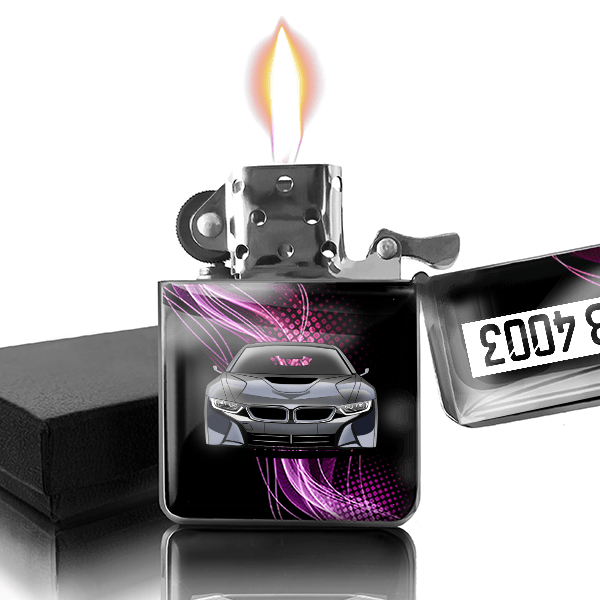 i8 Coupe Benzin Feuerzeug personalisiert mit Auto u. Kennzeichen!