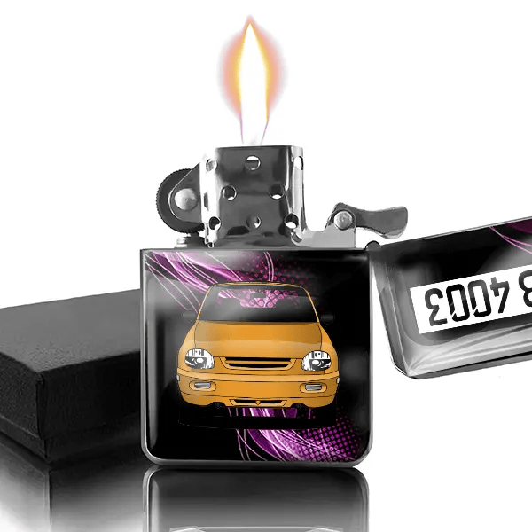X-90 Benzin Feuerzeug personalisiert mit Auto u. Kennzeichen!