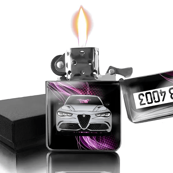Giulia Benzin Feuerzeug personalisiert mit Auto u. Kennzeichen!