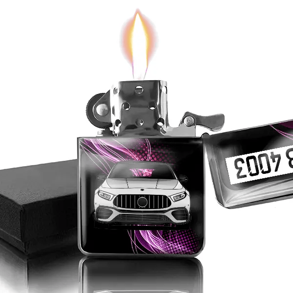 A-Klasse AMG Benzin Feuerzeug personalisiert mit Auto u. Kennzeichen!