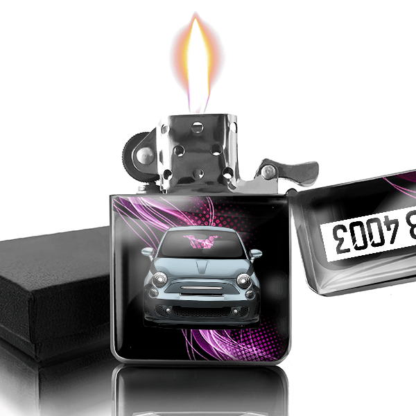 500 Abarth Benzin Feuerzeug personalisiert mit Auto u. Kennzeichen!