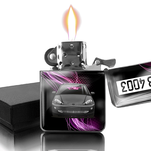 Focus Turnier Benzin Feuerzeug personalisiert mit Auto u. Kennzeichen!