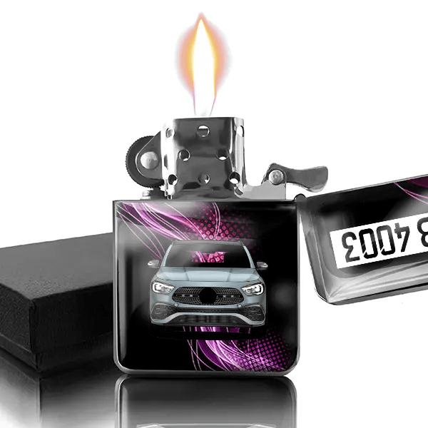 GLA Benzin Feuerzeug personalisiert mit Auto u. Kennzeichen!