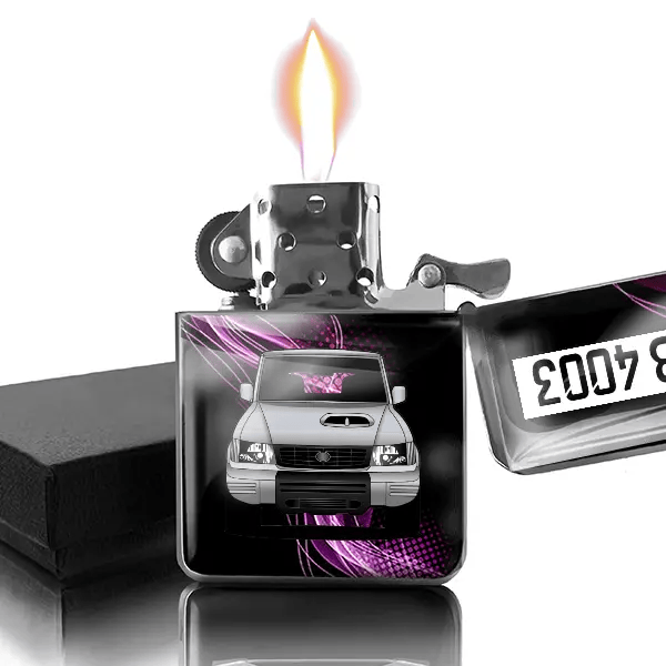 Galloper Benzin Feuerzeug personalisiert mit Auto u. Kennzeichen!