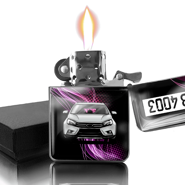 Vesta SW Cross Benzin Feuerzeug personalisiert mit Auto u. Kennzeichen!