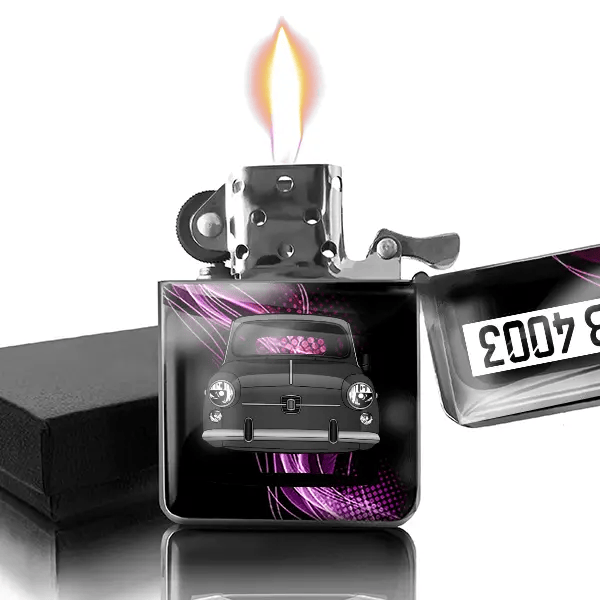 600 Benzin Feuerzeug personalisiert mit Auto u. Kennzeichen!