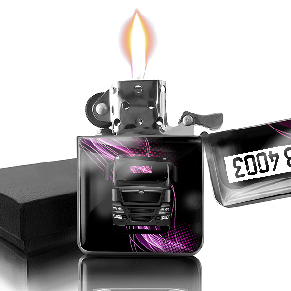 TGS 18.480 Benzin Feuerzeug personalisiert mit LKW u. Kennzeichen!