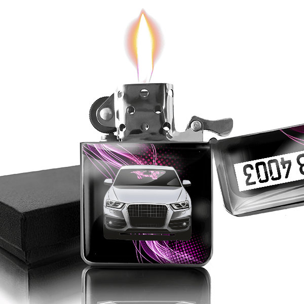 Q3 Benzin Feuerzeug personalisiert mit Auto u. Kennzeichen!