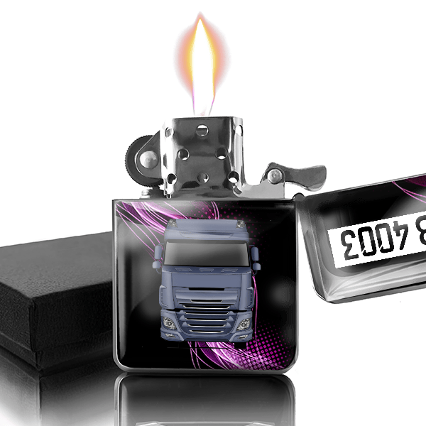 New XF Benzin Feuerzeug personalisiert mit LKW u. Kennzeichen!