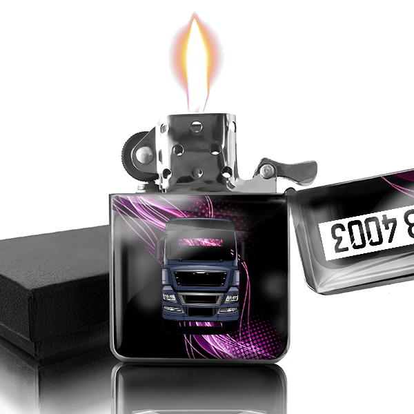 TGX 18.680 Benzin Feuerzeug personalisiert mit LKW u. Kennzeichen!