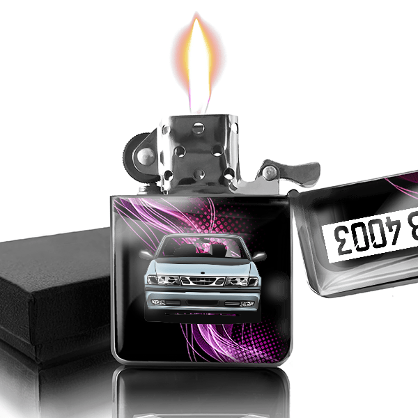 9-3 Coupe Benzin Feuerzeug personalisiert mit Auto u. Kennzeichen!