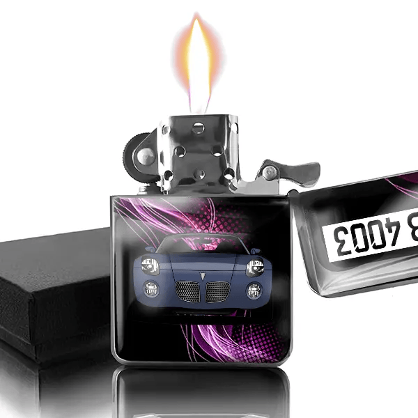 Solstice Benzin Feuerzeug personalisiert mit Auto u. Kennzeichen!