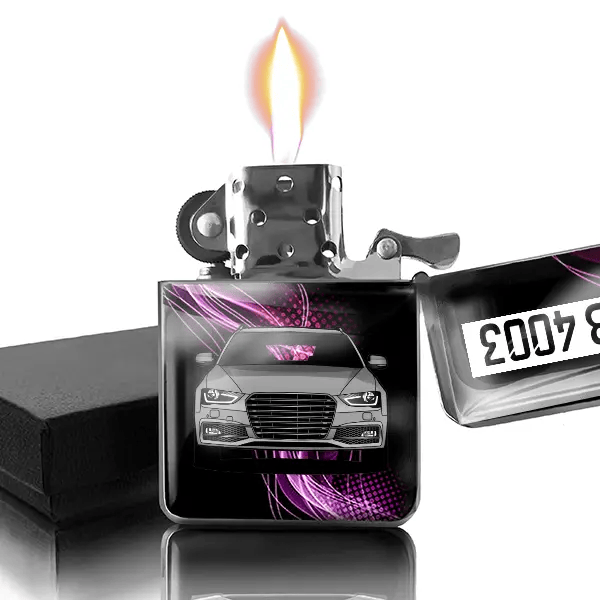 S4 Avant Benzin Feuerzeug personalisiert mit Auto u. Kennzeichen!