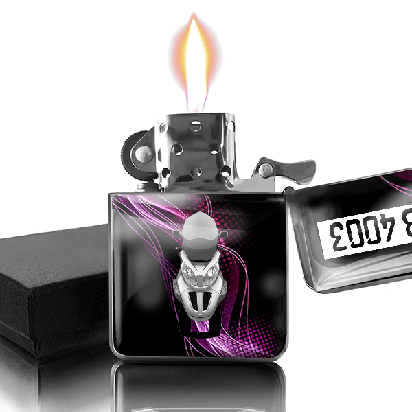 MP3 821 Benzin Feuerzeug personalisiert mit Motorrad u. Kennzeichen!