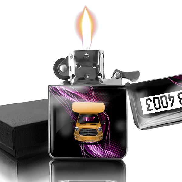 Flash Benzin Feuerzeug personalisiert mit Wohnwagen u. Kennzeichen!