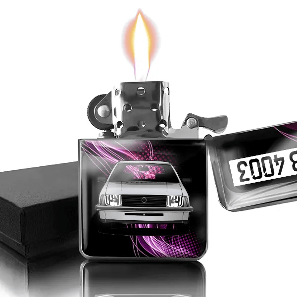 Rekord Caravan Benzin Feuerzeug personalisiert mit Auto u. Kennzeichen!