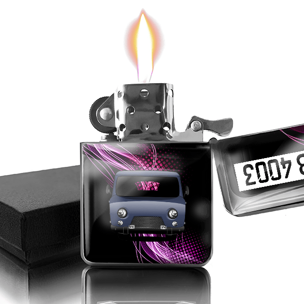2206 Buchanka Benzin Feuerzeug personalisiert mit Auto u. Kennzeichen!