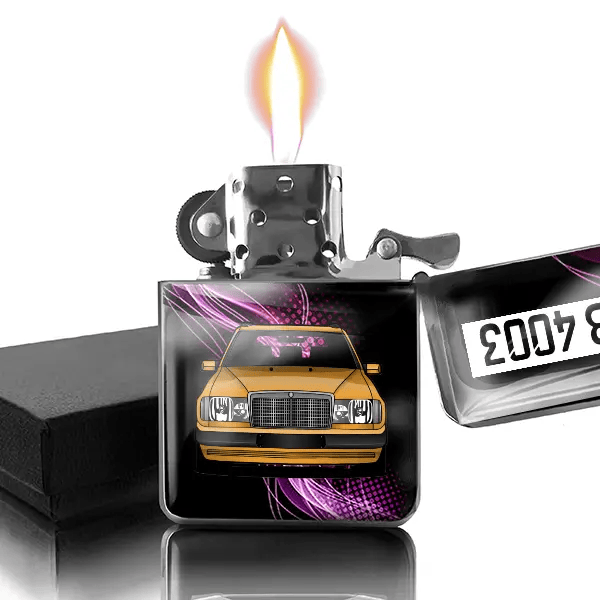 W 124 Kombi Benzin Feuerzeug personalisiert mit Auto u. Kennzeichen!
