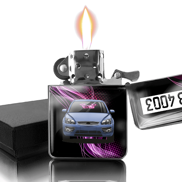 Focus (3-Türer) Benzin Feuerzeug personalisiert mit Auto u. Kennzeichen!