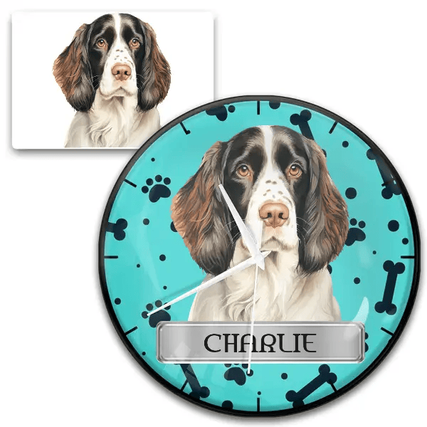 English Springer Spaniel Wanduhr personalisiert mit Haustier u. Namen!